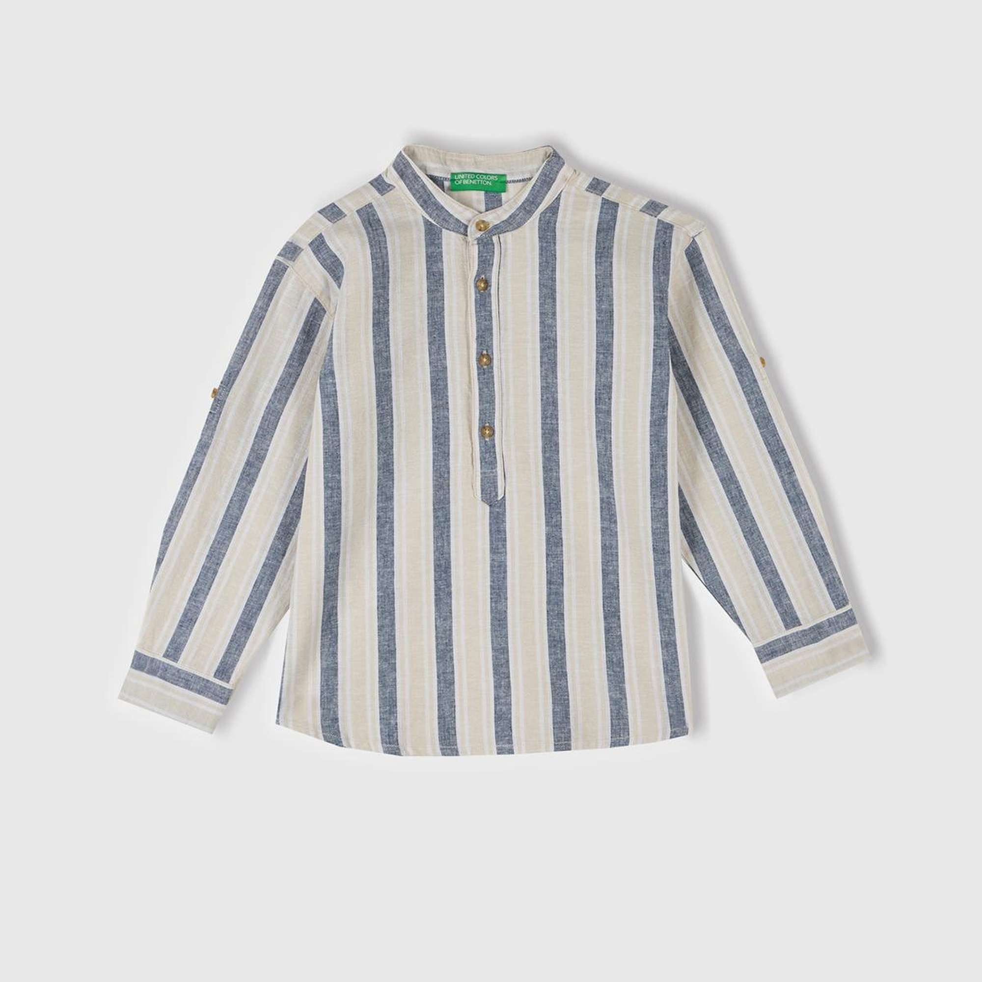 Erkek Çocuk Ekru-Mavi Keten Karışımlı Çizgili Hakim Yaka Gömlek