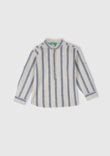 Erkek Çocuk Ekru-Mavi Keten Karışımlı Çizgili Hakim Yaka Gömlek
