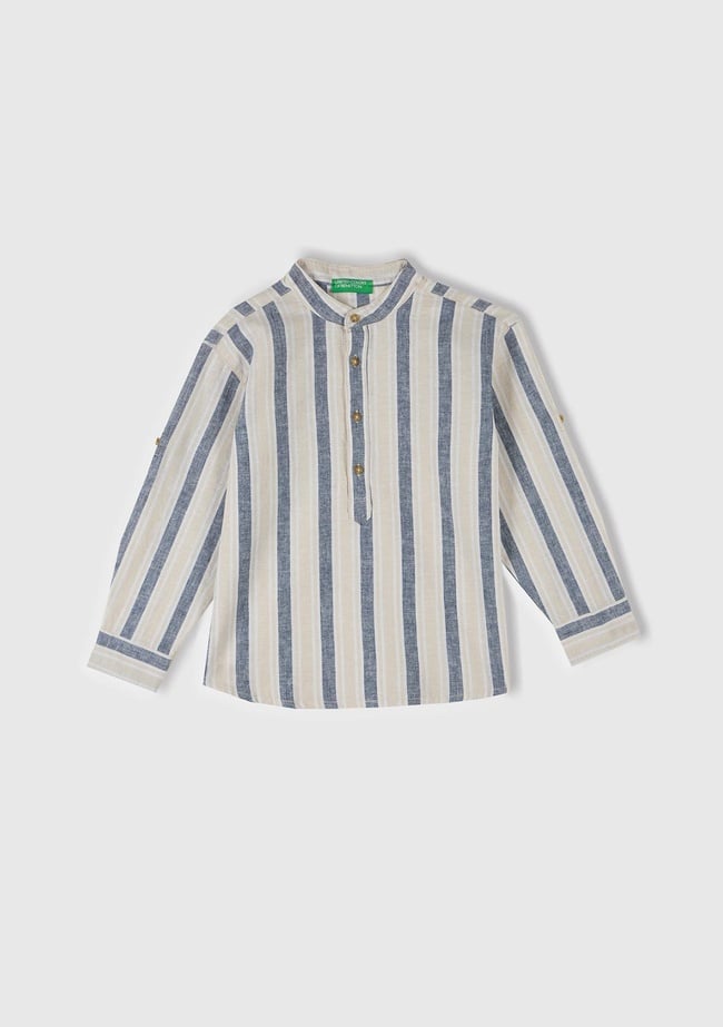  Erkek Çocuk Ekru-Mavi Keten Karışımlı Çizgili Hakim Yaka Gömlek