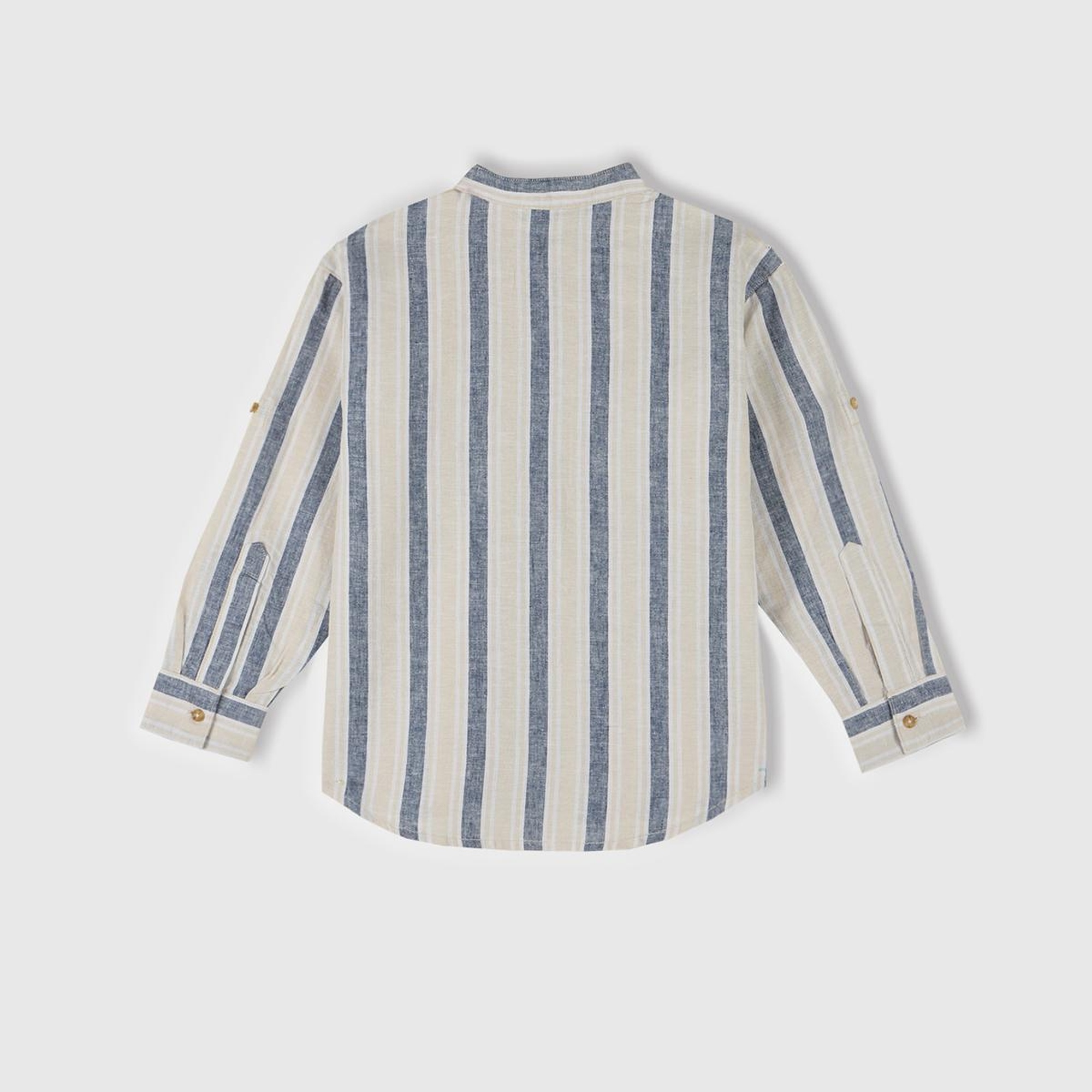 Erkek Çocuk Ekru-Mavi Keten Karışımlı Çizgili Hakim Yaka Gömlek