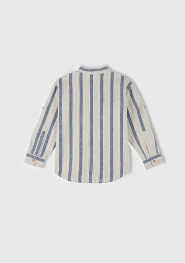  Erkek Çocuk Ekru-Mavi Keten Karışımlı Çizgili Hakim Yaka Gömlek