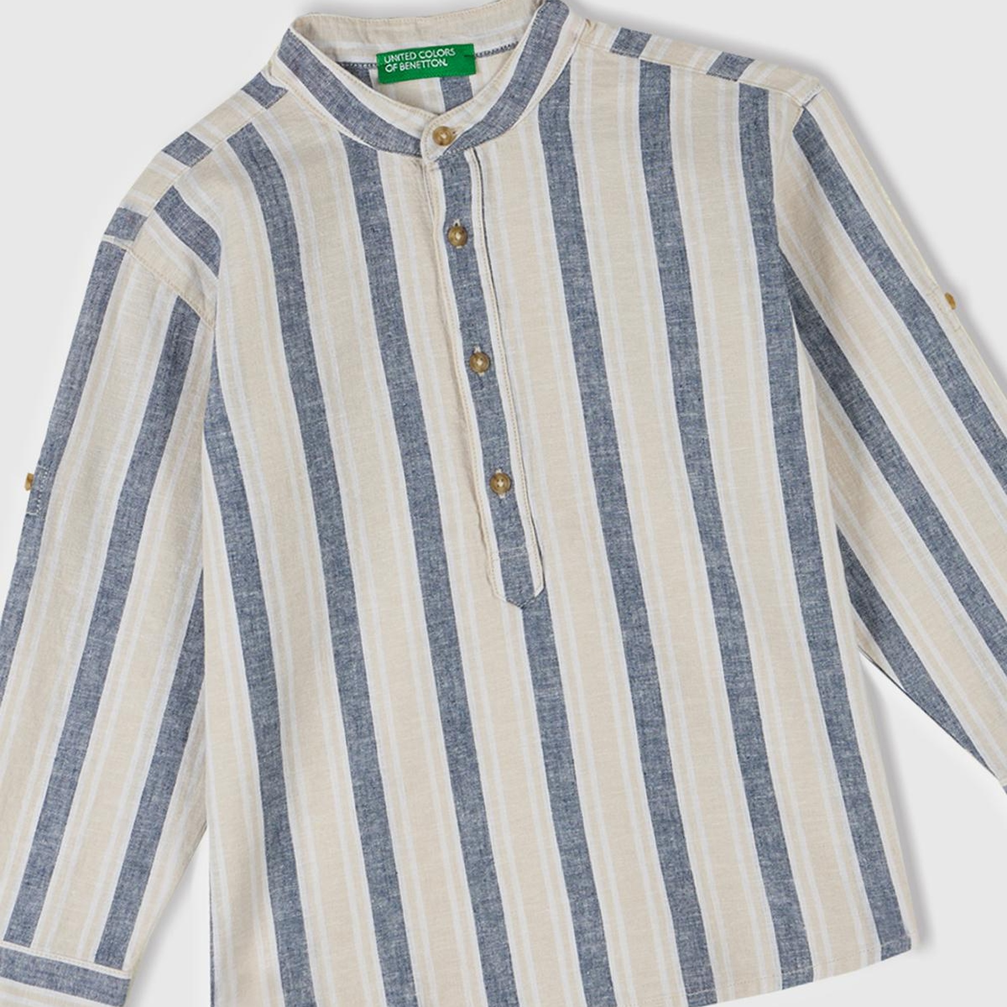 Erkek Çocuk Ekru-Mavi Keten Karışımlı Çizgili Hakim Yaka Gömlek