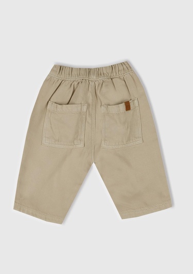  Bebek Ekru Logo Detaylı Beli Lastikli Büzgü İpli Yama Cepli Pantolon