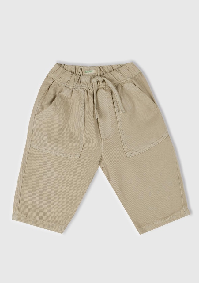  Bebek Ekru Logo Detaylı Beli Lastikli Büzgü İpli Yama Cepli Pantolon