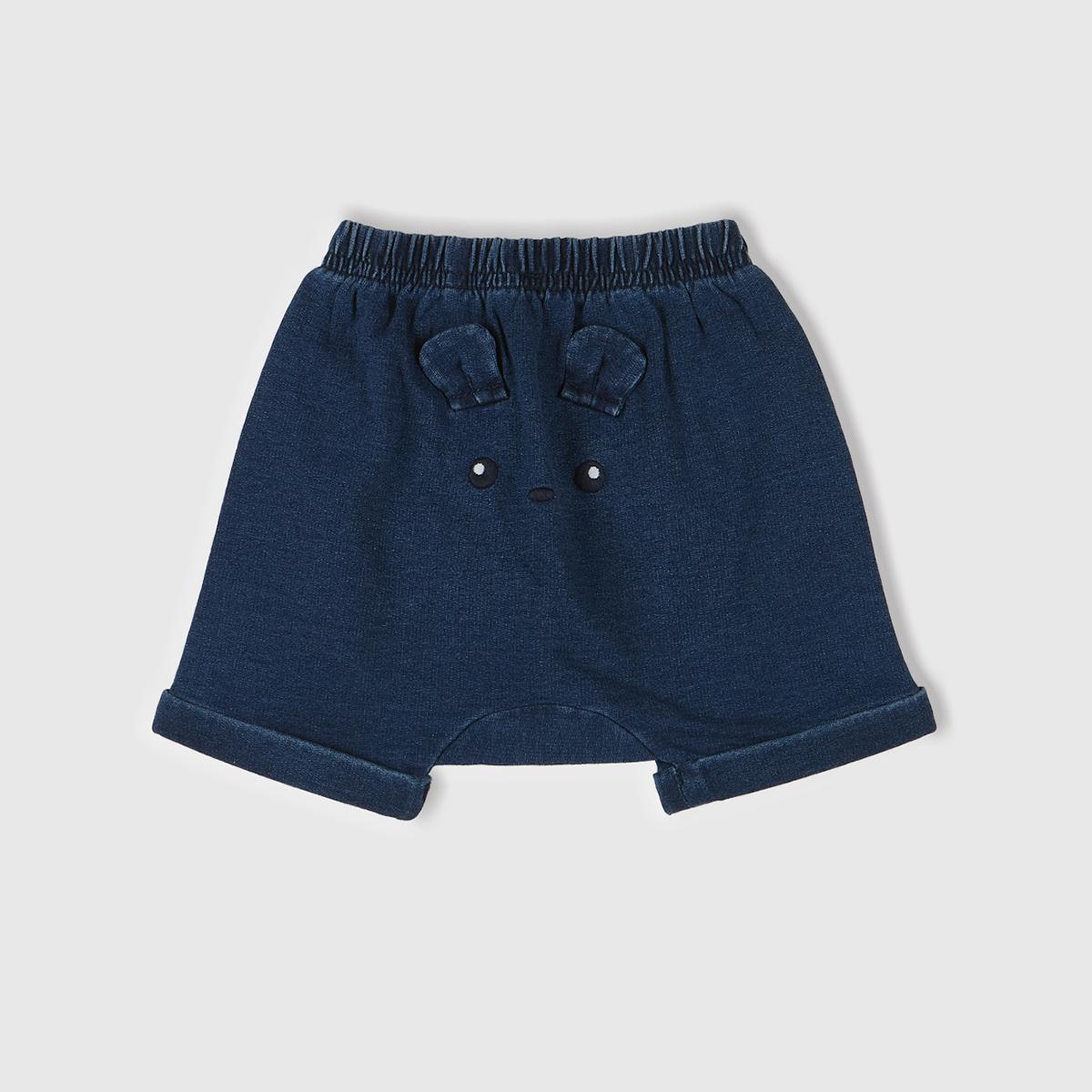 Bebek Koyu Denim Arkası Nakışlı ve Aplike Kulaklı Beli Lastikli Denim Şort