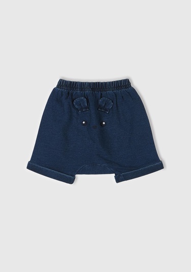  Bebek Koyu Denim Arkası Nakışlı ve Aplike Kulaklı Beli Lastikli Denim Şort