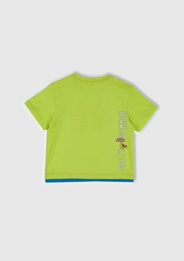  Erkek Çocuk Sarı Önü ve Arkası Baskılı Kabartmalı Kontrast Renkli T-Shirt