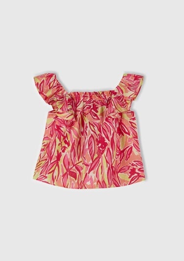  Kız Çocuk Turuncu Viskoz Karışımlı Baskılı Hafif Bol Kesim Omuz Askılı Üst