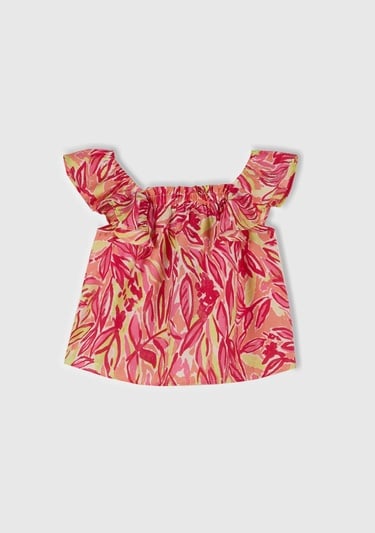  Kız Çocuk Turuncu Viskoz Karışımlı Baskılı Hafif Bol Kesim Omuz Askılı Üst