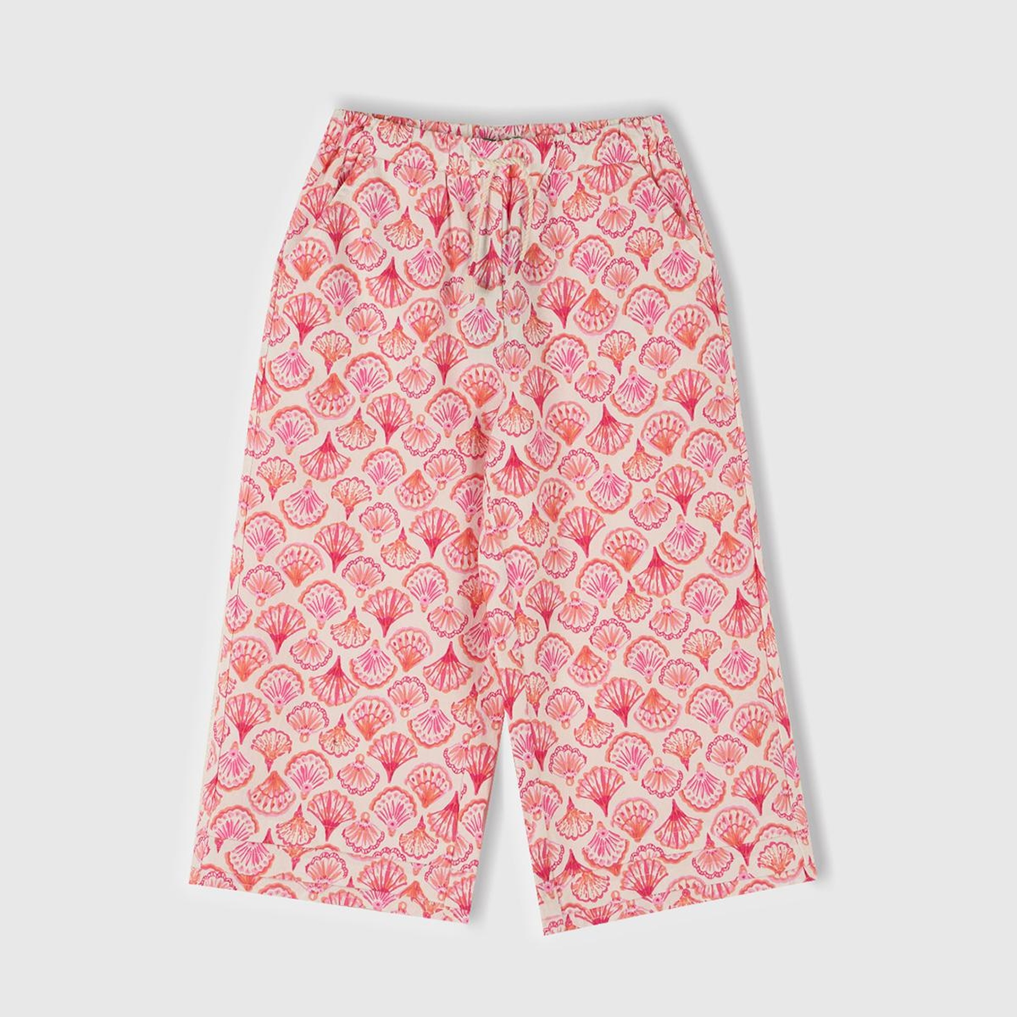 Kız Çocuk Pembe Desenli Büzgü İpli Wide Leg Pantolon