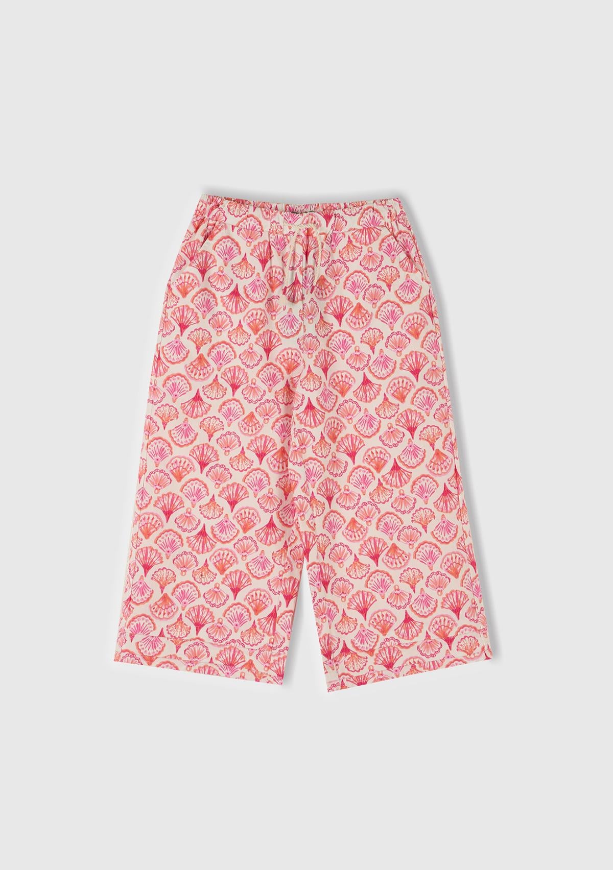  Kız Çocuk Pembe Desenli Büzgü İpli Wide Leg Pantolon