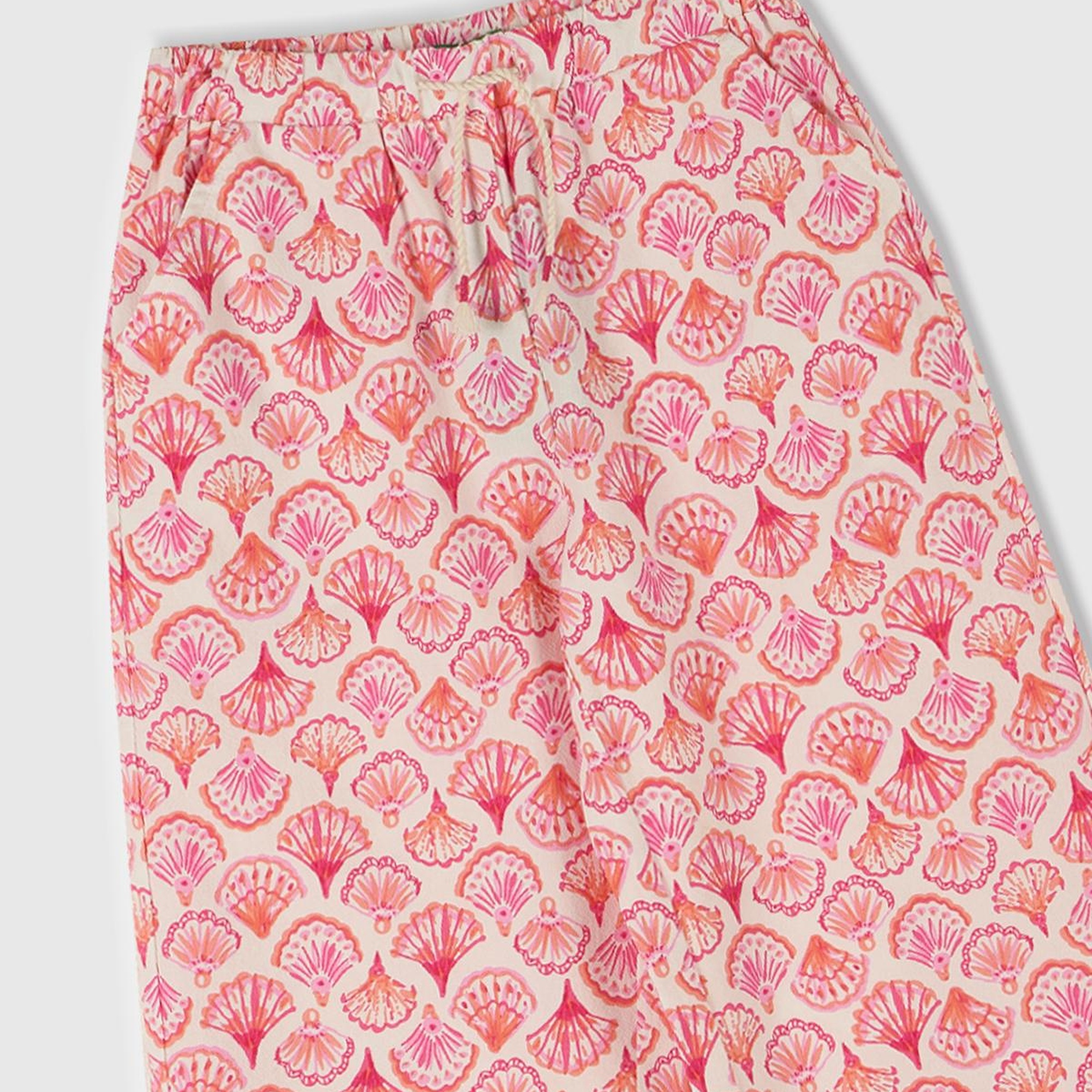 Kız Çocuk Pembe Desenli Büzgü İpli Wide Leg Pantolon
