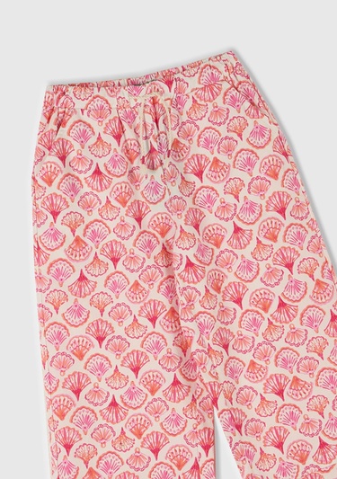  Kız Çocuk Pembe Desenli Büzgü İpli Wide Leg Pantolon