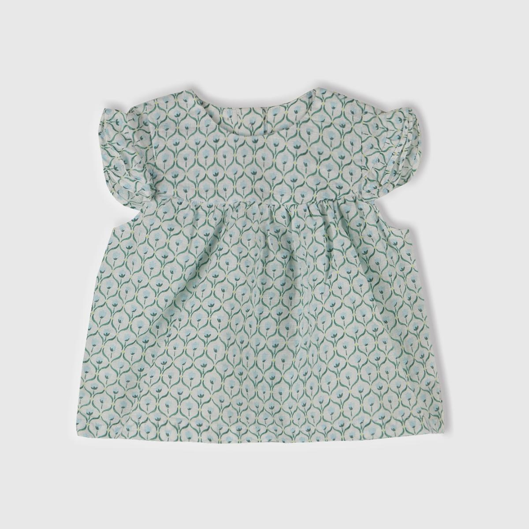 Bebek Buz Mavi Tamamı Desenli Kolu Fırfırlı Arkası Düğmeli Gömlek