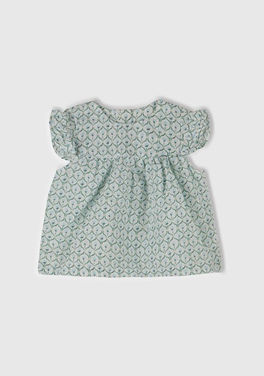  Bebek Buz Mavi Tamamı Desenli Kolu Fırfırlı Arkası Düğmeli Gömlek