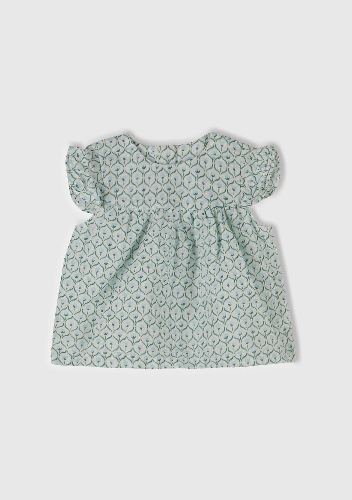  Bebek Buz Mavi Tamamı Desenli Kolu Fırfırlı Arkası Düğmeli Gömlek