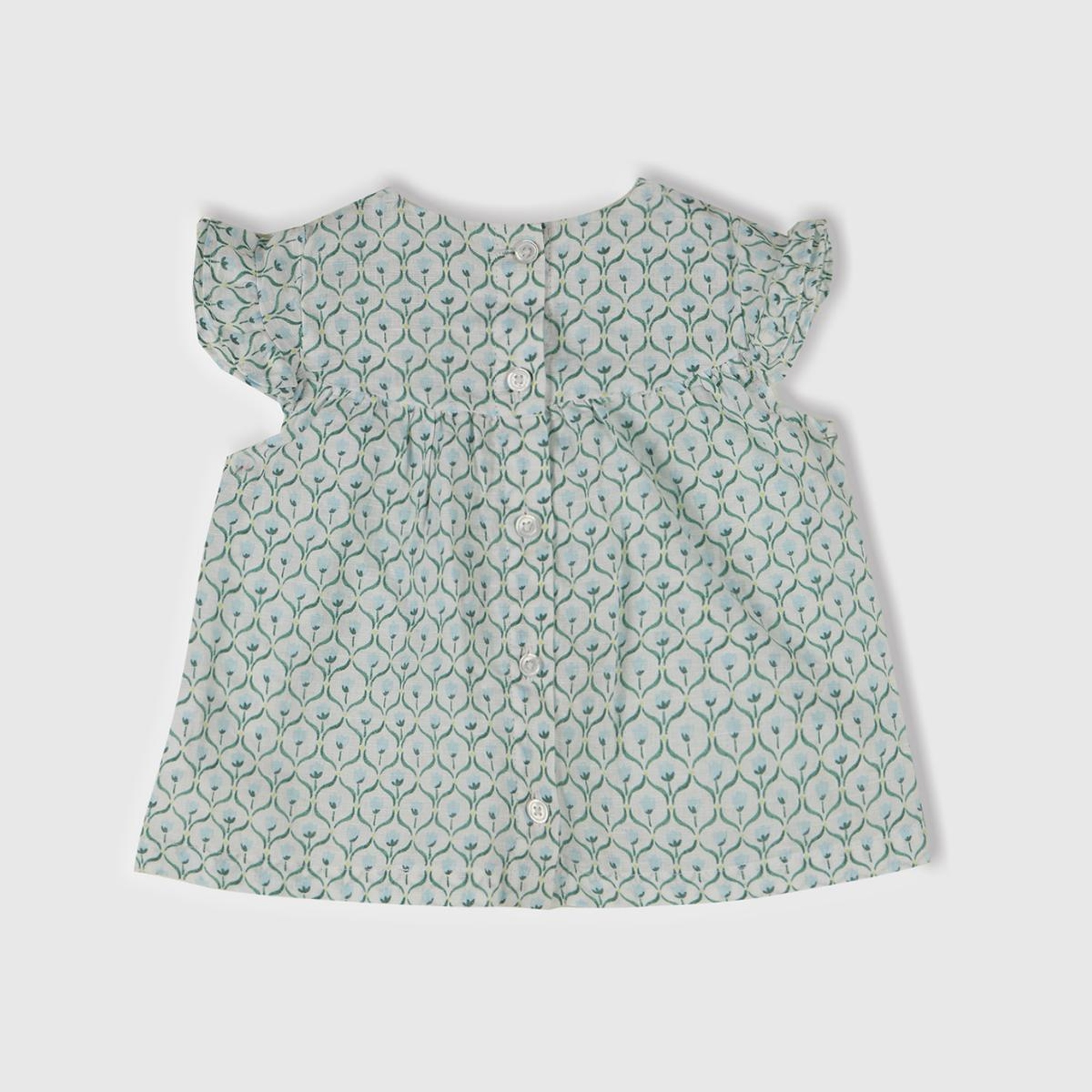 Bebek Buz Mavi Tamamı Desenli Kolu Fırfırlı Arkası Düğmeli Gömlek