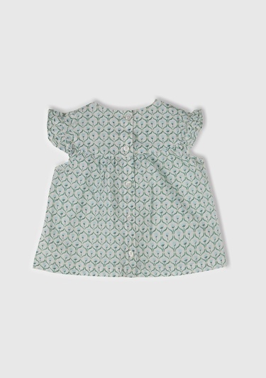  Bebek Buz Mavi Tamamı Desenli Kolu Fırfırlı Arkası Düğmeli Gömlek