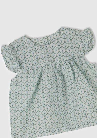  Bebek Buz Mavi Tamamı Desenli Kolu Fırfırlı Arkası Düğmeli Gömlek
