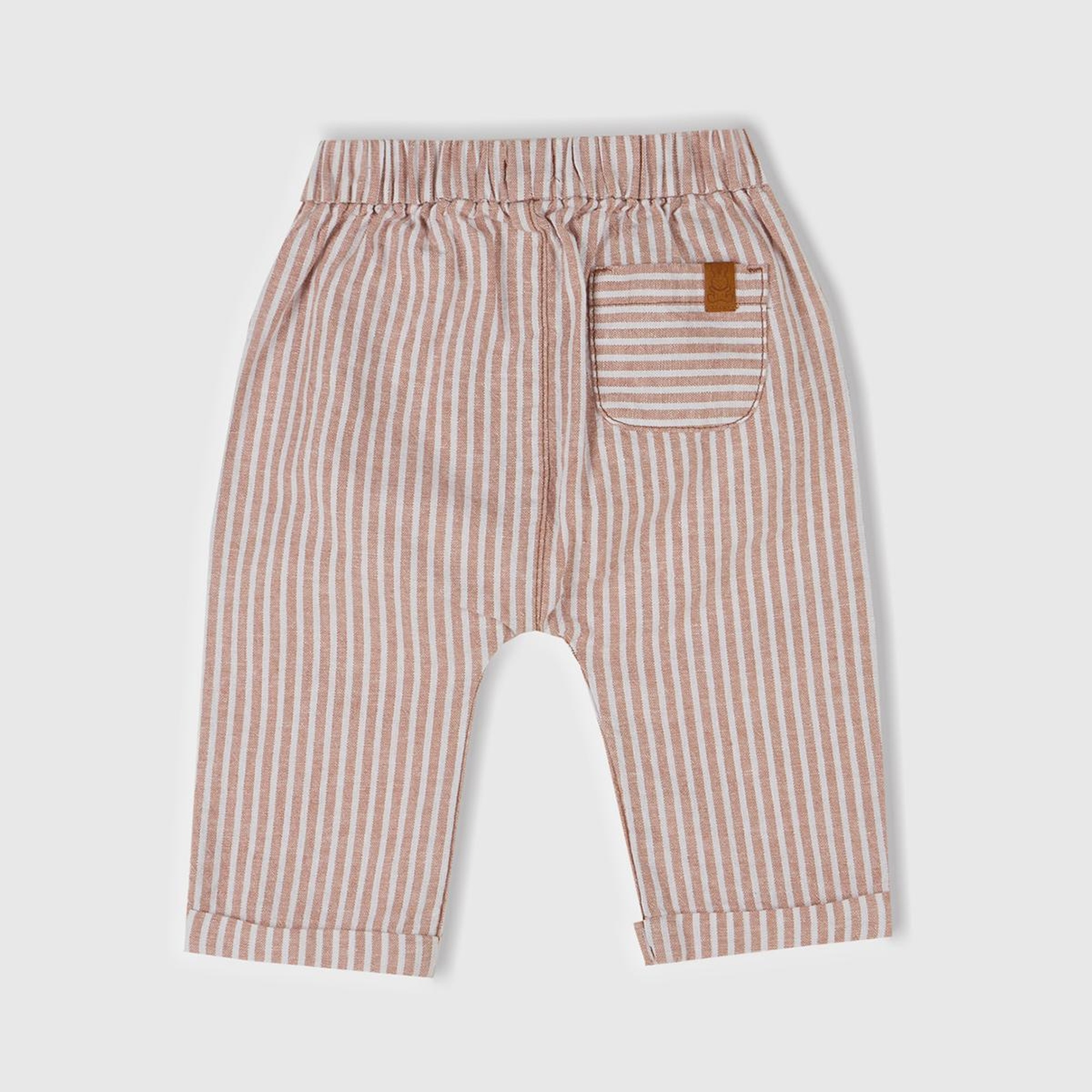 Bebek Bej Çizgili Arkası Logolu Yama Cepli Beli Lastikli Pantolon