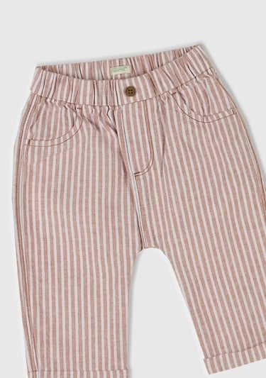  Bebek Bej Çizgili Arkası Logolu Yama Cepli Beli Lastikli Pantolon