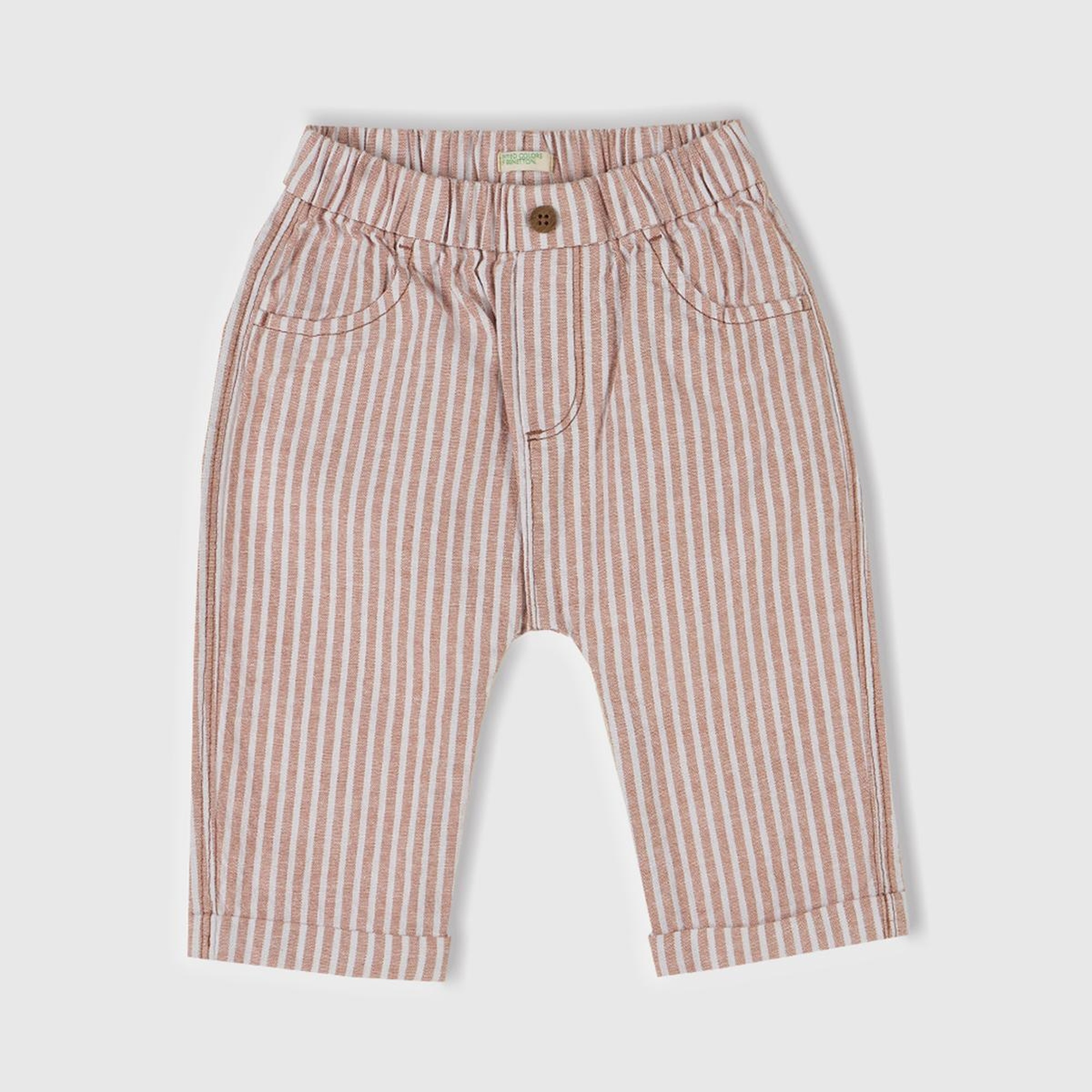 Bebek Bej Çizgili Arkası Logolu Yama Cepli Beli Lastikli Pantolon