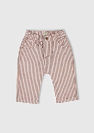  Bebek Bej Çizgili Arkası Logolu Yama Cepli Beli Lastikli Pantolon