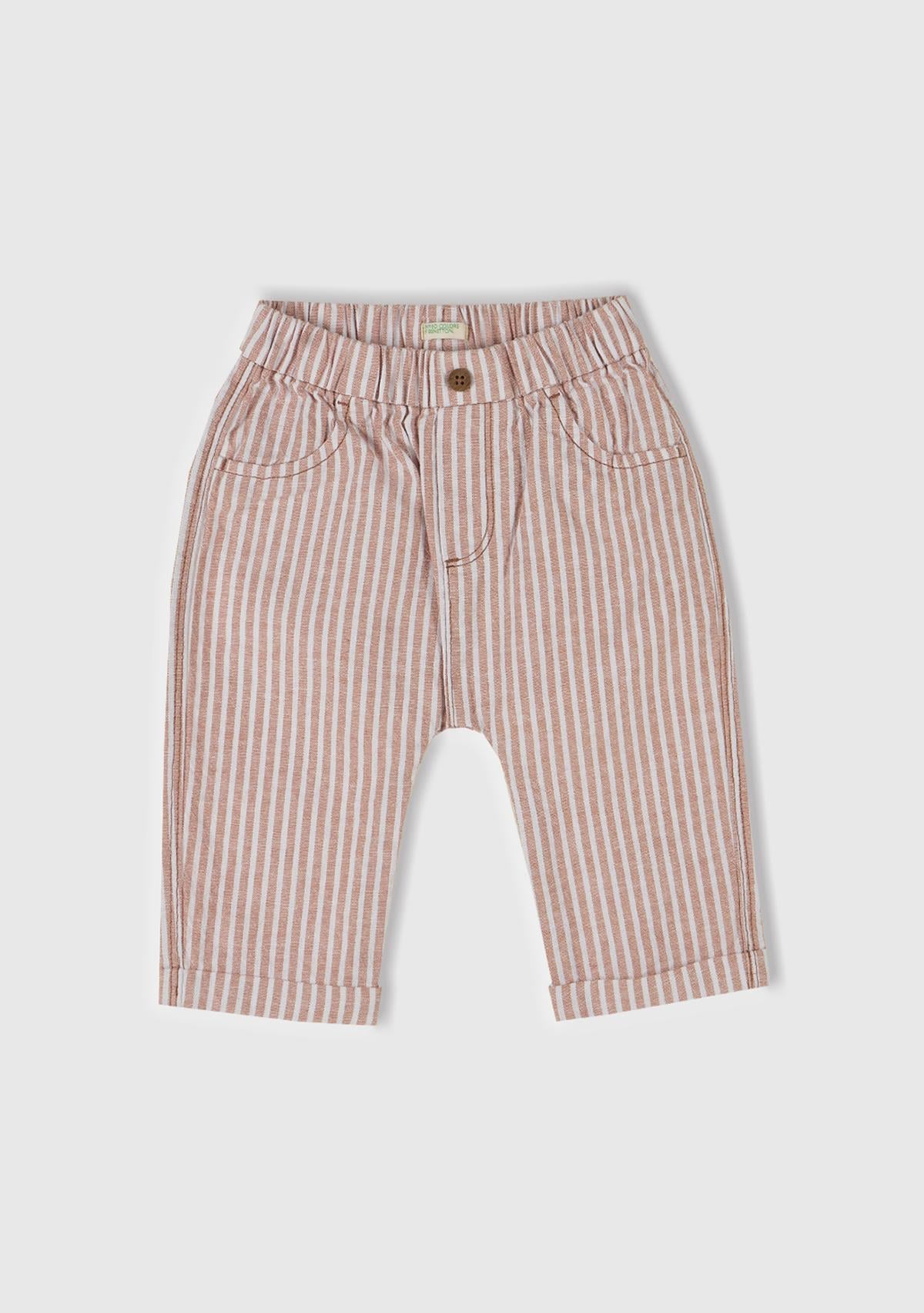  Bebek Bej Çizgili Arkası Logolu Yama Cepli Beli Lastikli Pantolon