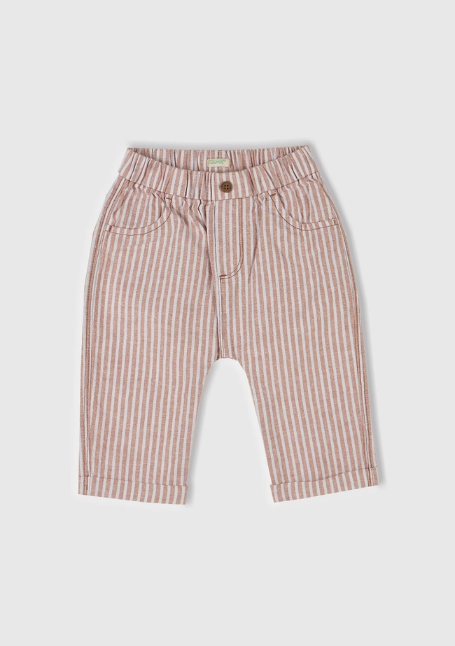  Bebek Bej Çizgili Arkası Logolu Yama Cepli Beli Lastikli Pantolon