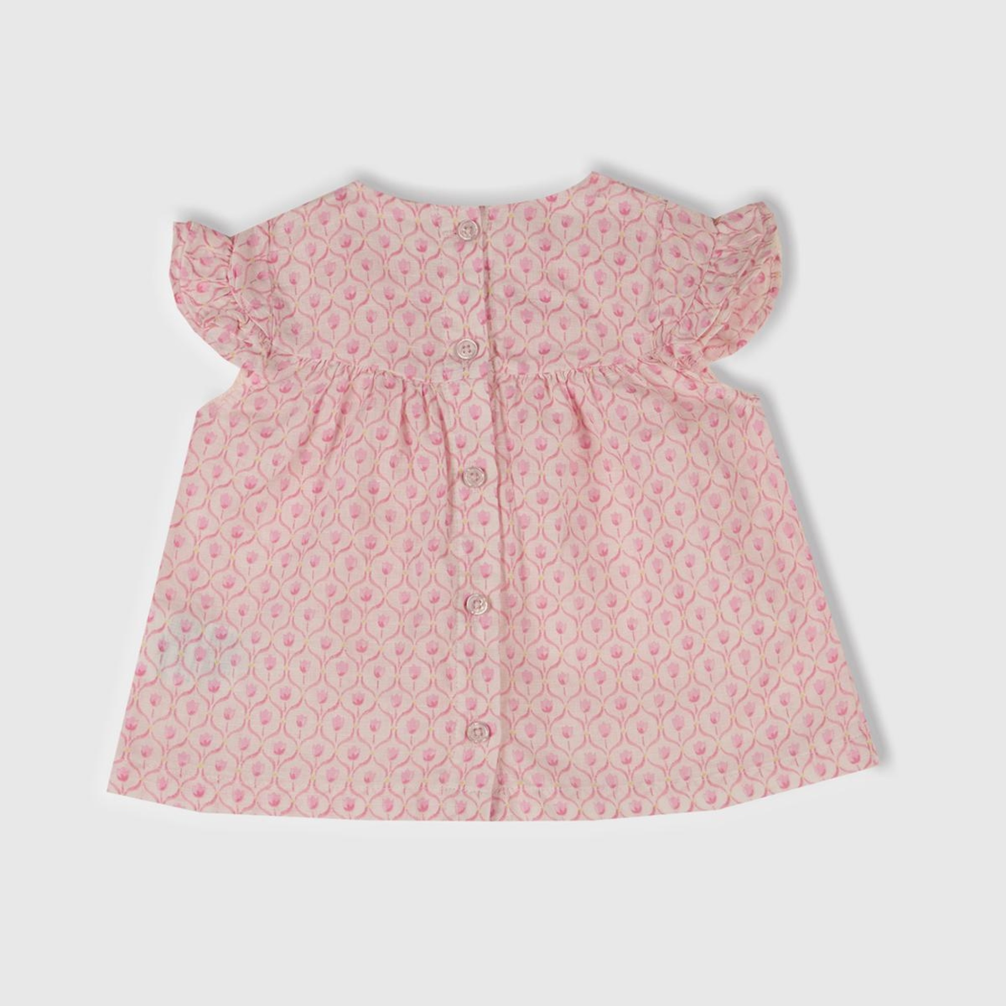 Bebek Toz Pembe Tamamı Desenli Kolu Fırfırlı Arkası Düğmeli Gömlek