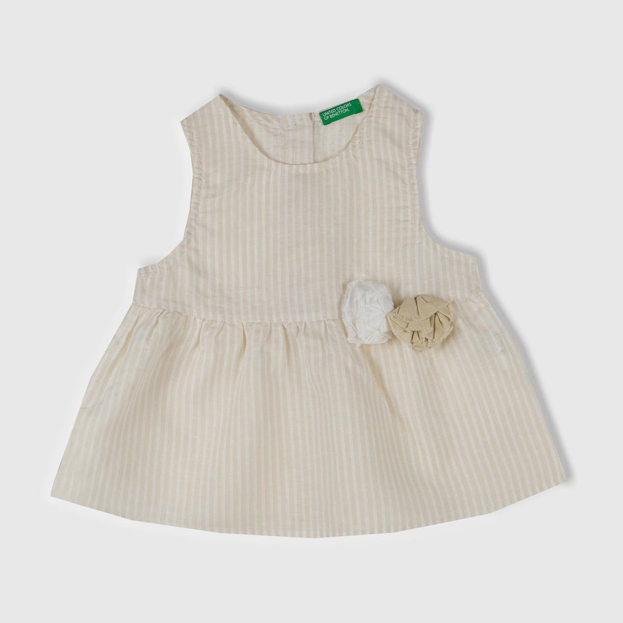 Kız Çocuk Ekru Keten Karışımlı Tamamı Desenli Çiçek Aplikeli Arkası Düğmeli Kolsuz Gömlek