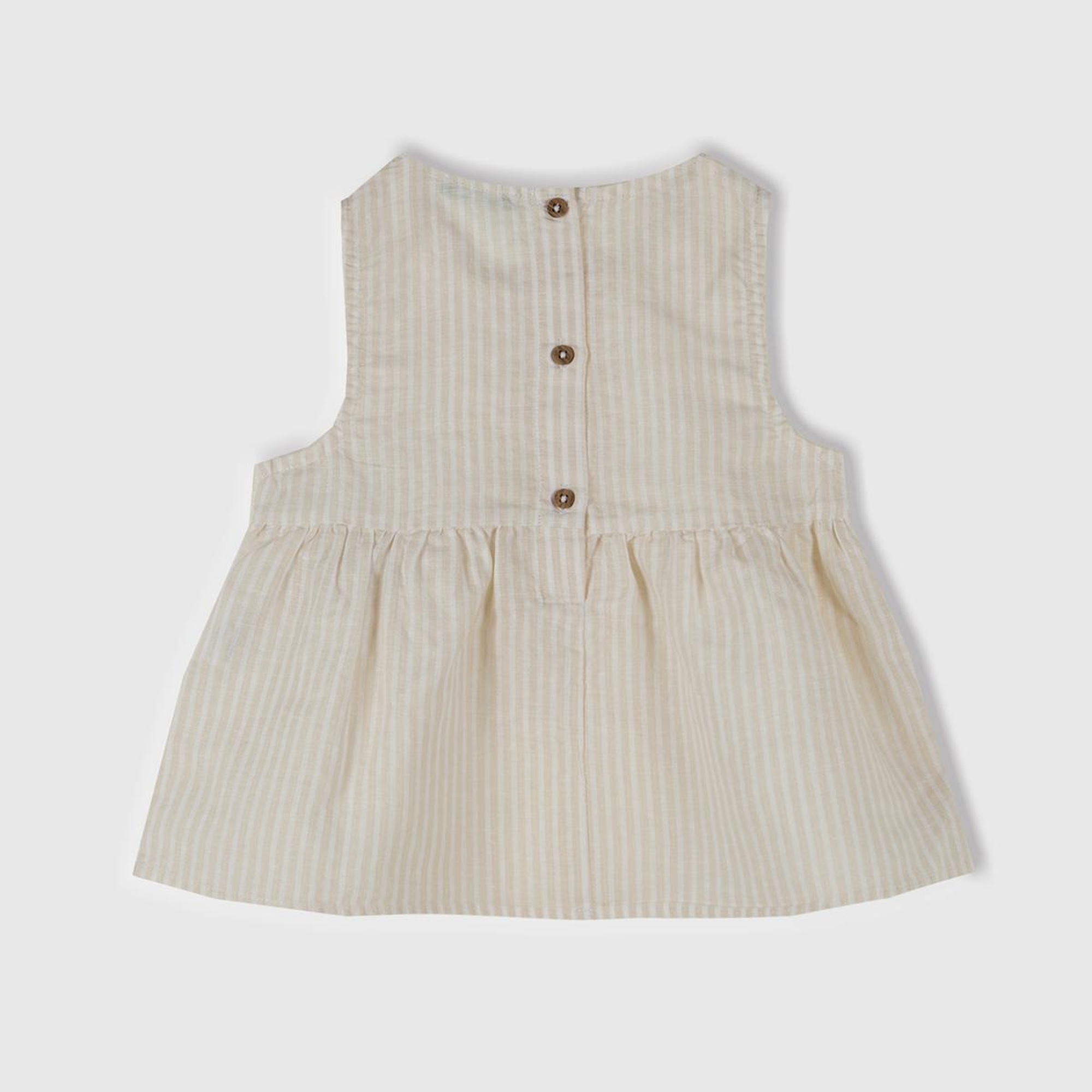 Kız Çocuk Ekru Keten Karışımlı Tamamı Desenli Çiçek Aplikeli Arkası Düğmeli Kolsuz Gömlek