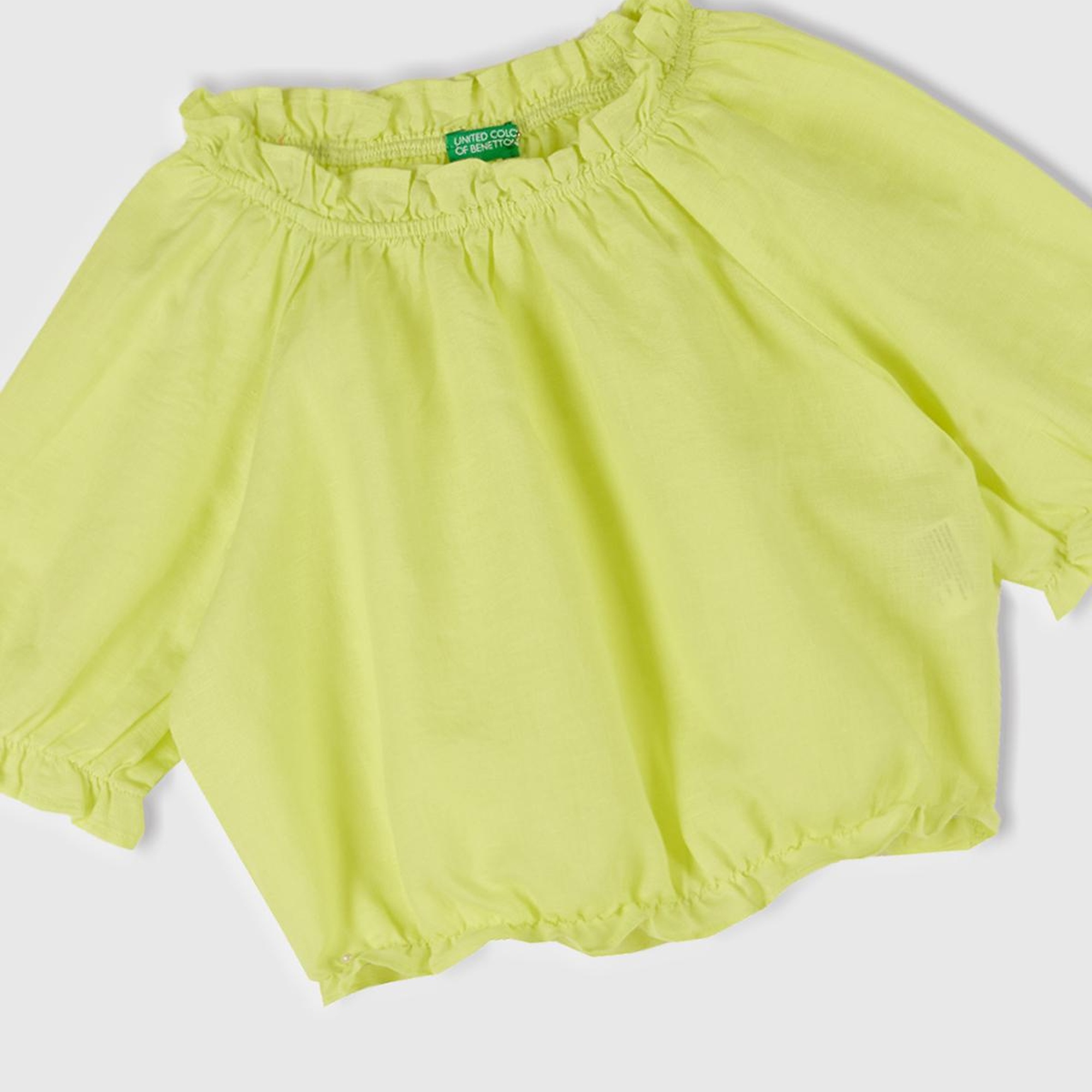 Kız Çocuk Sarı Keten Karışımlı Büzgü Dikişli Kısa Kollu Bluz