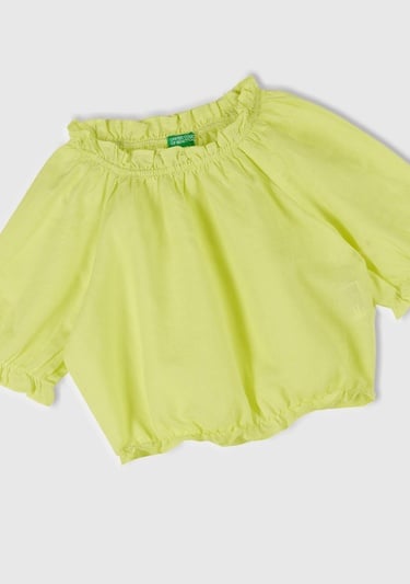  Kız Çocuk Sarı Keten Karışımlı Büzgü Dikişli Kısa Kollu Bluz