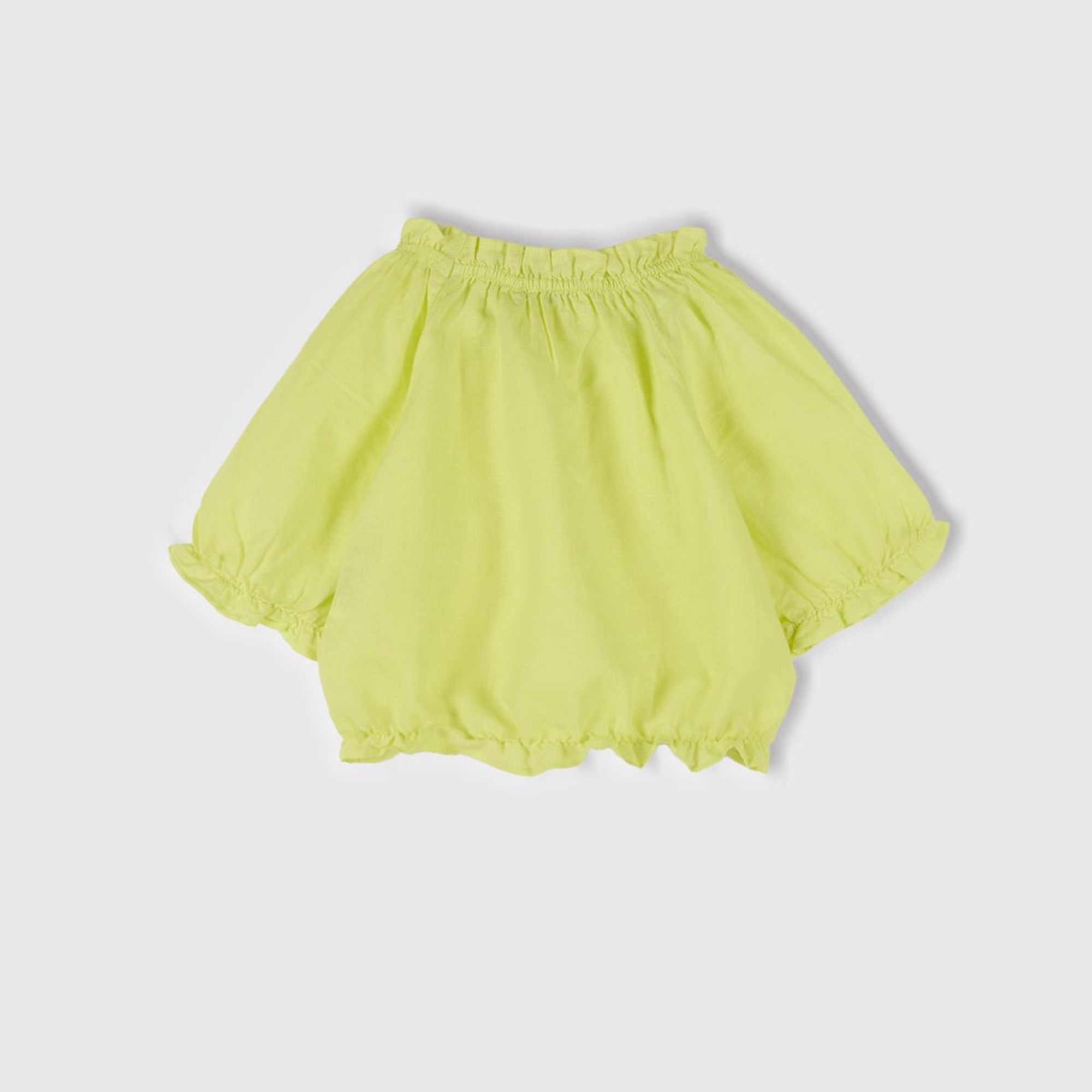 Kız Çocuk Sarı Keten Karışımlı Büzgü Dikişli Kısa Kollu Bluz