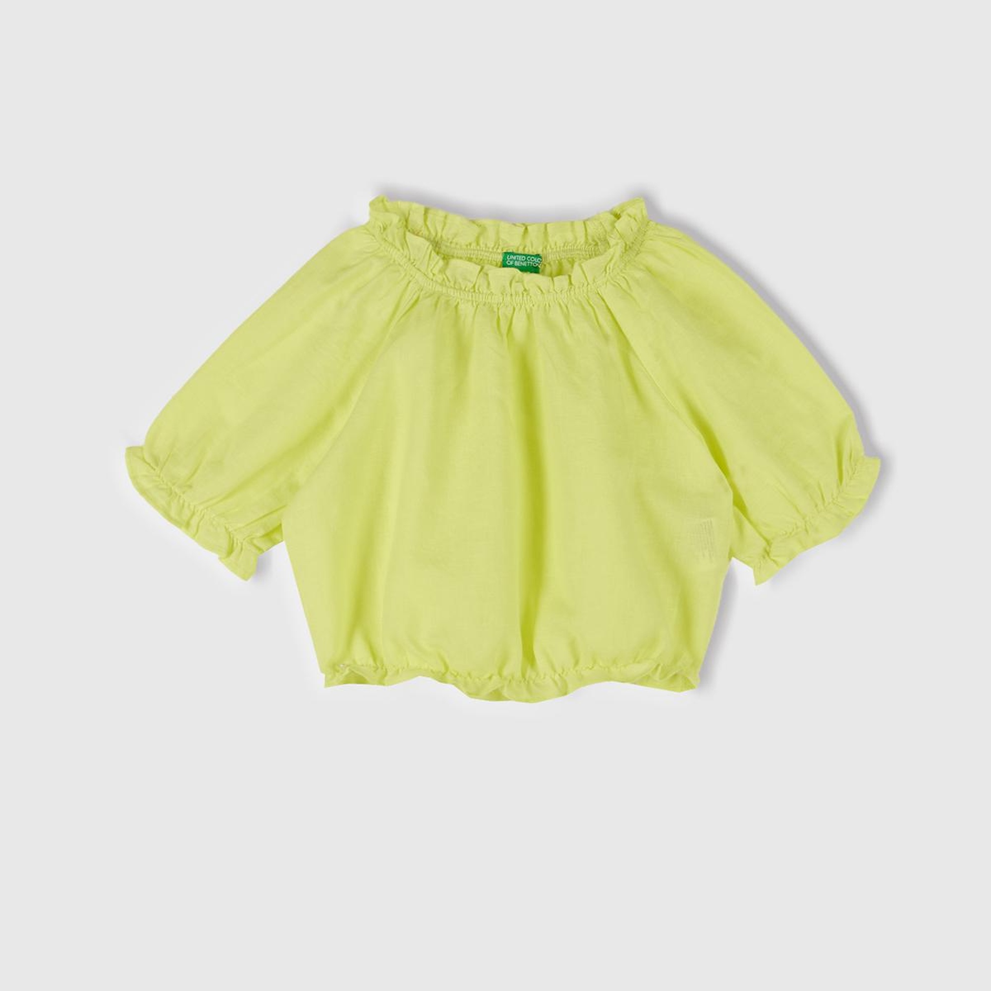 Kız Çocuk Sarı Keten Karışımlı Büzgü Dikişli Kısa Kollu Bluz