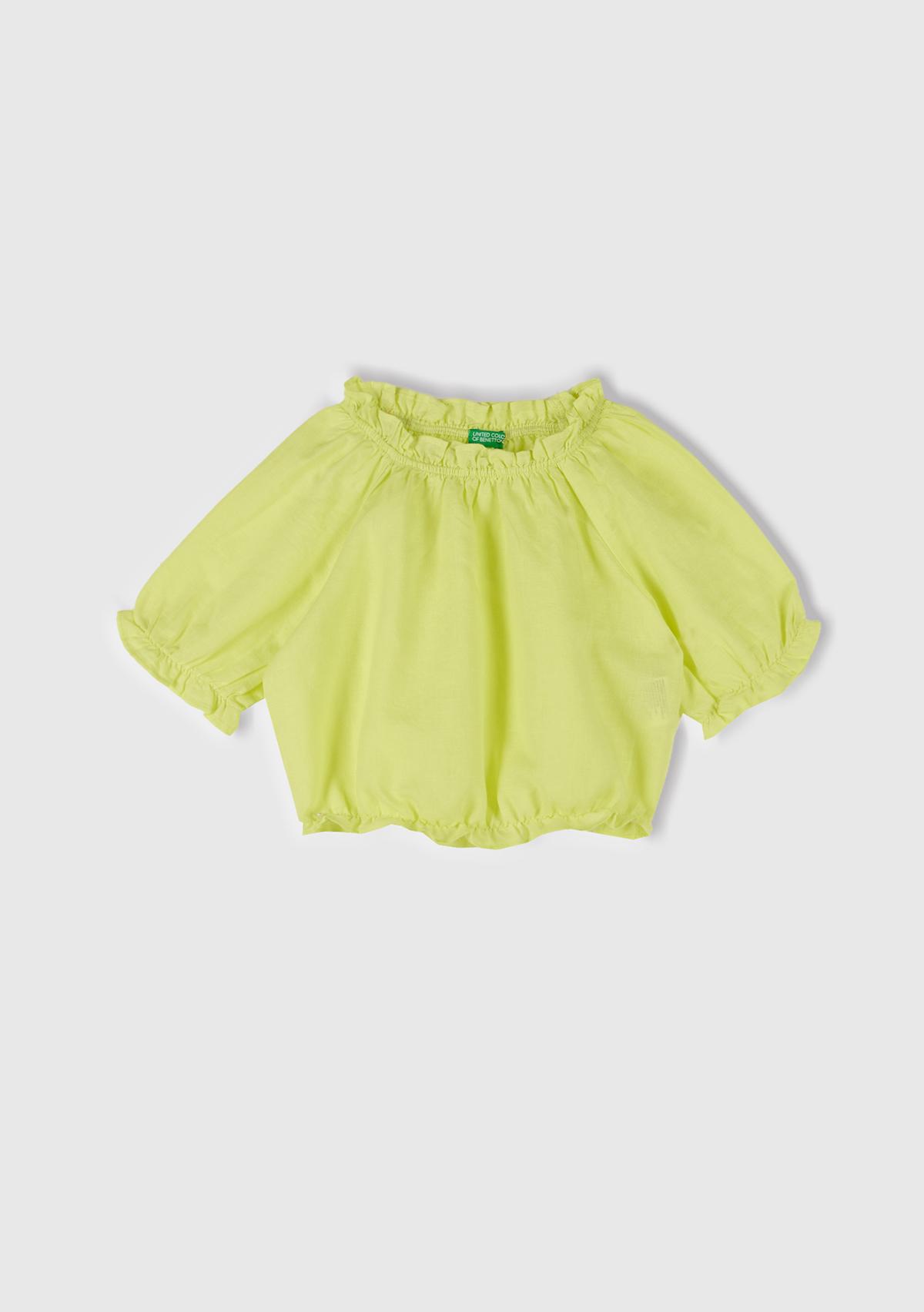  Kız Çocuk Sarı Keten Karışımlı Büzgü Dikişli Kısa Kollu Bluz