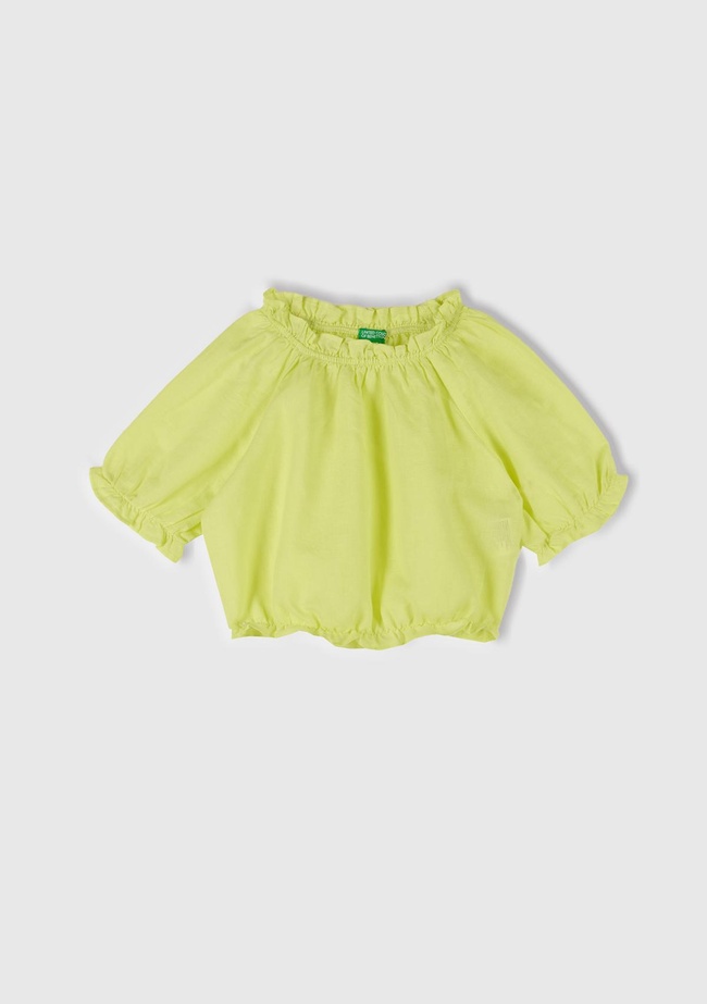  Kız Çocuk Sarı Keten Karışımlı Büzgü Dikişli Kısa Kollu Bluz