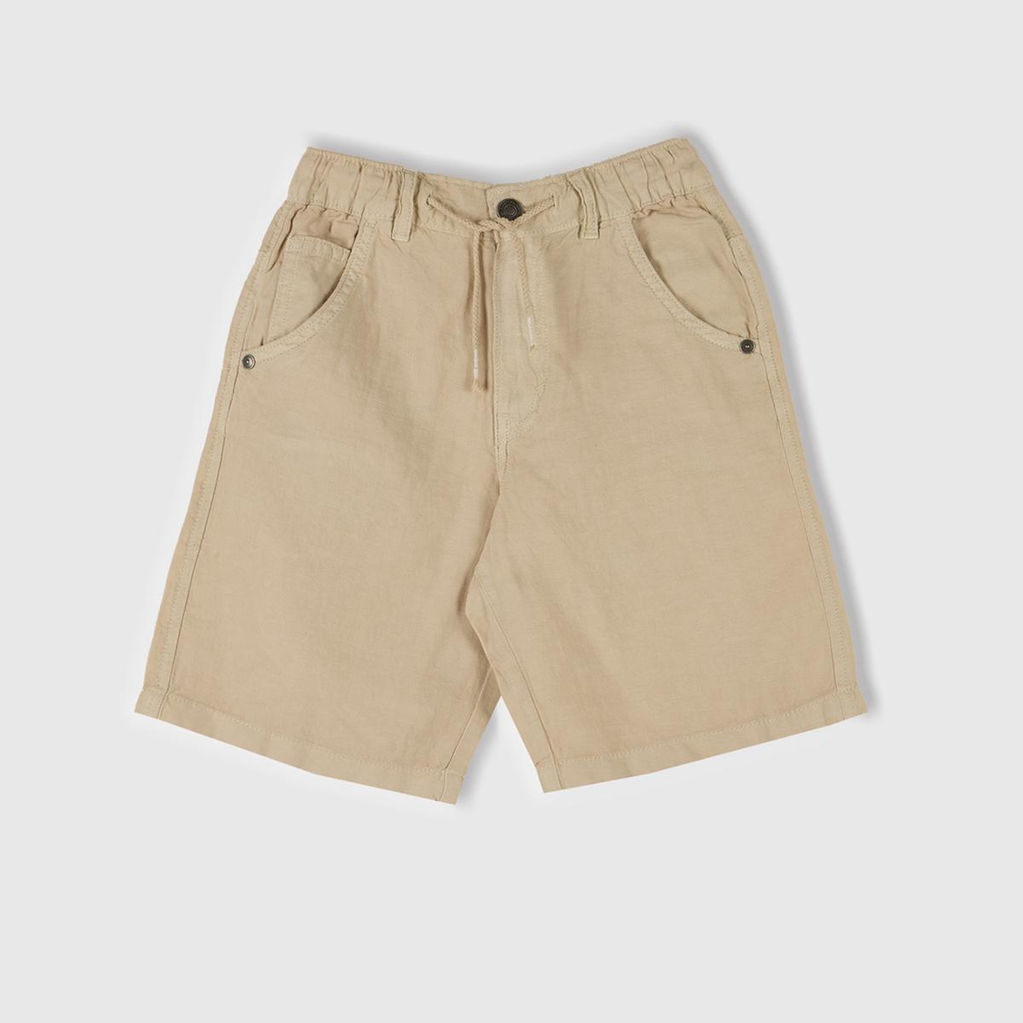 Erkek Çocuk Bej Liyosel ve Keten Karışımlı Büzgü İpli Cepli Bermuda Şort