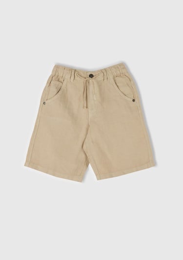  Erkek Çocuk Bej Liyosel ve Keten Karışımlı Büzgü İpli Cepli Bermuda Şort