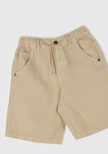  Erkek Çocuk Bej Liyosel ve Keten Karışımlı Büzgü İpli Cepli Bermuda Şort