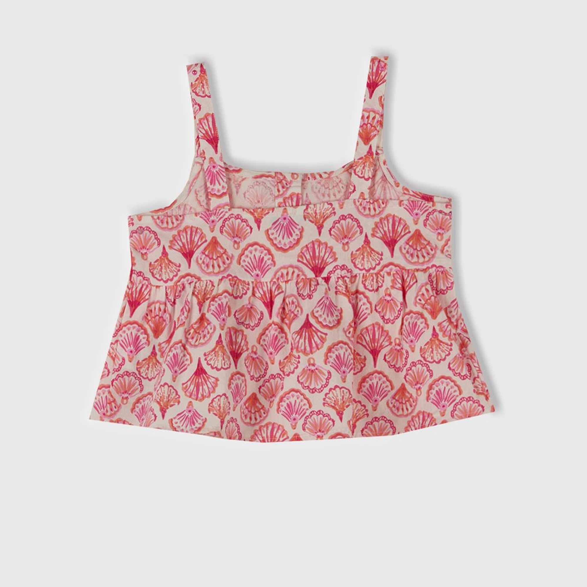 Kız Çocuk Pembe Desenli Pile Detaylı Önü Düğmeli Askılı Üst