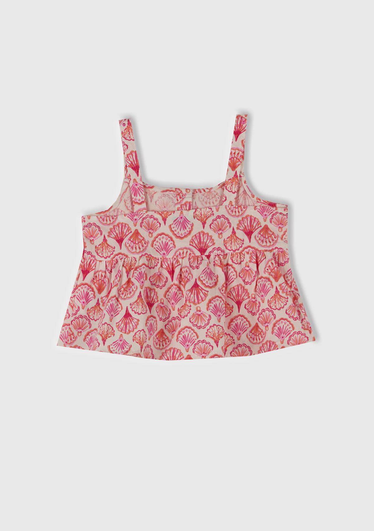  Kız Çocuk Pembe Desenli Pile Detaylı Önü Düğmeli Askılı Üst