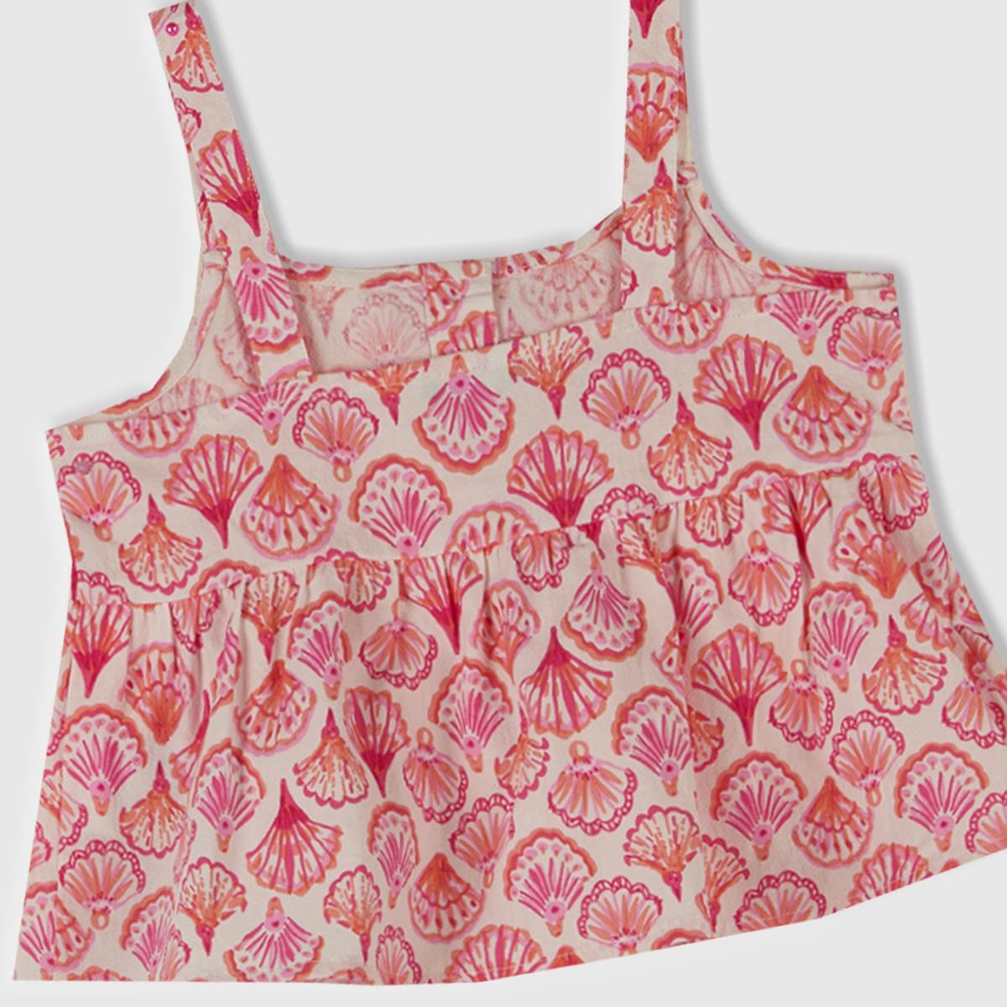 Kız Çocuk Pembe Desenli Pile Detaylı Önü Düğmeli Askılı Üst