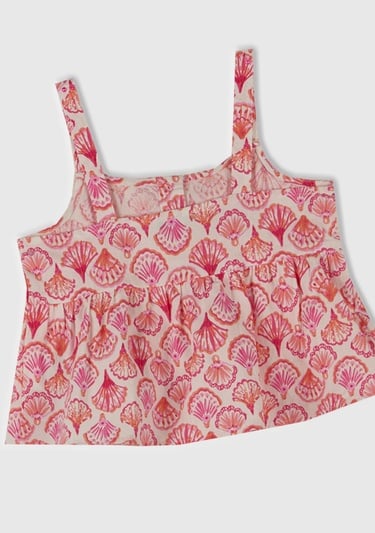  Kız Çocuk Pembe Desenli Pile Detaylı Önü Düğmeli Askılı Üst