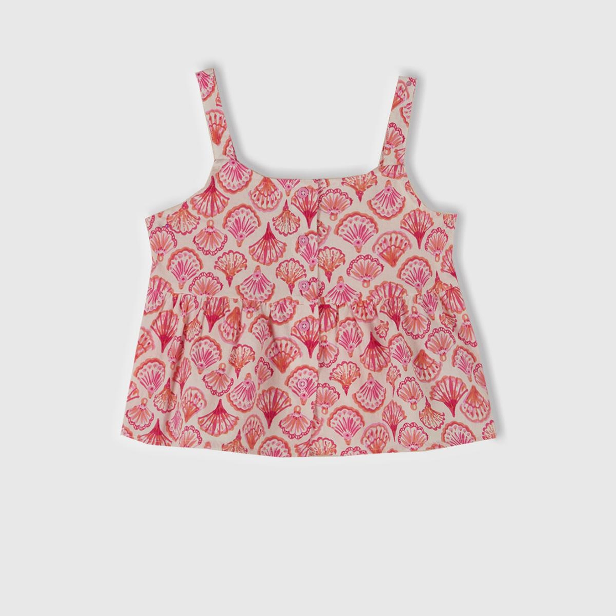 Kız Çocuk Pembe Desenli Pile Detaylı Önü Düğmeli Askılı Üst