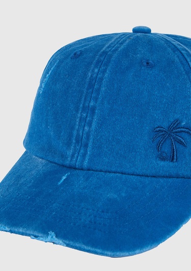  Erkek Çocuk Saks Mavi Yırtıklı Eskitilmiş Efektli Nakış İşlemeli Kep Şapka