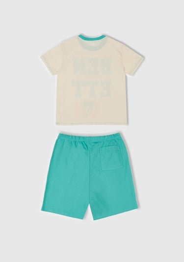  Erkek Çocuk Turkuaz Yazı Baskılı T-Shirt ve Şort Pijama Takım