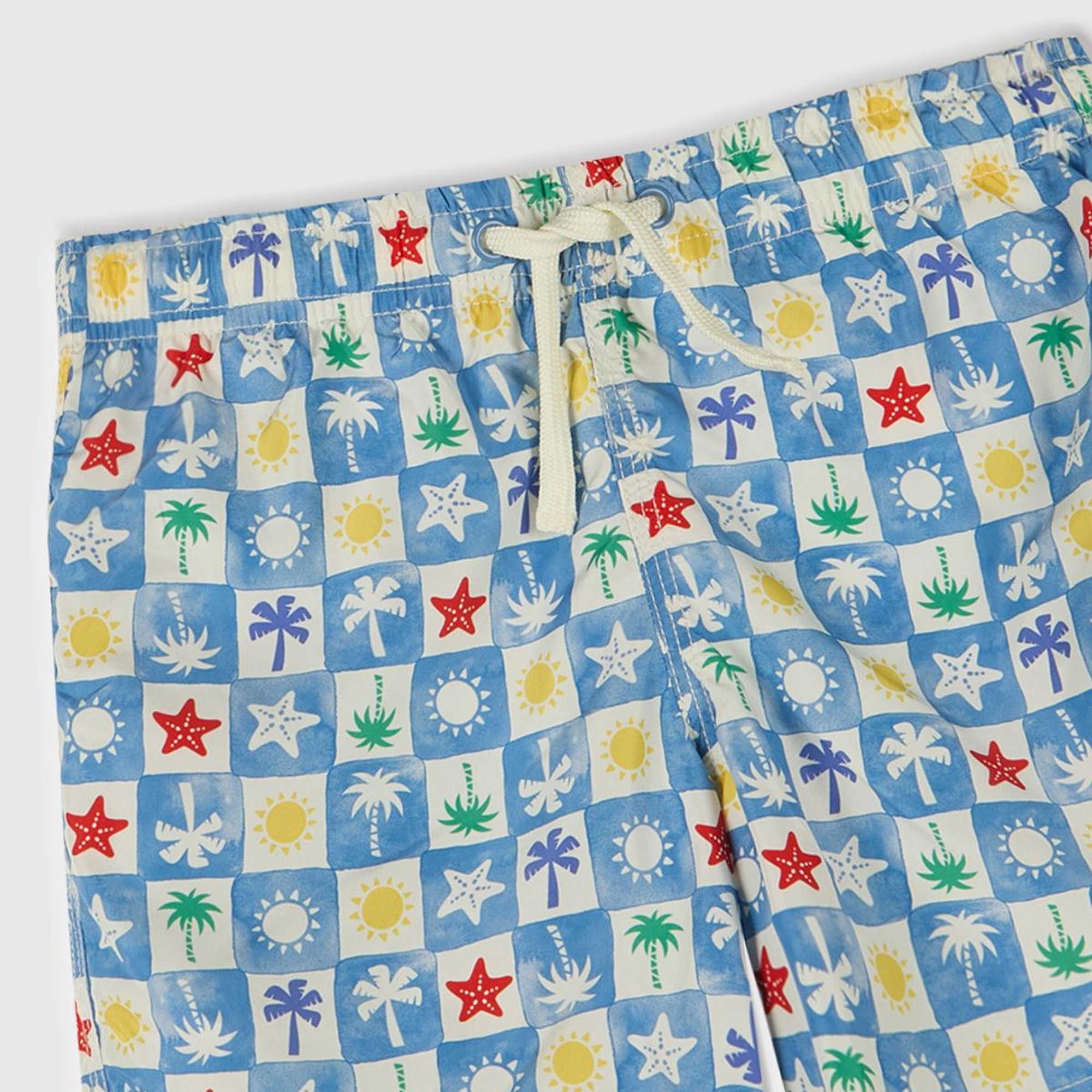 Erkek Çocuk Renkli Mix Tamamı Desenli Arkası Cep Detaylı Büzgü İpli Deniz Şortu