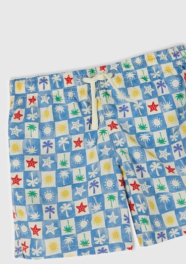  Erkek Çocuk Renkli Mix Tamamı Desenli Arkası Cep Detaylı Büzgü İpli Deniz Şortu